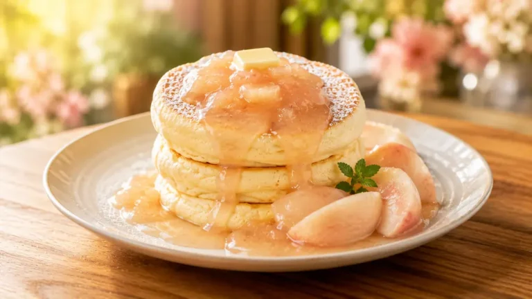 fluffy soufflé pancakes with domestic white peach sauce featured image