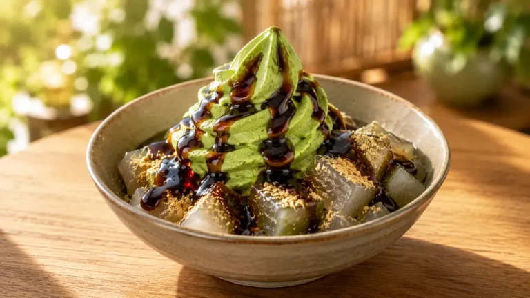 ice dolce matcha cream ice cream warabi mochi with black sugar syrup featured image (1)