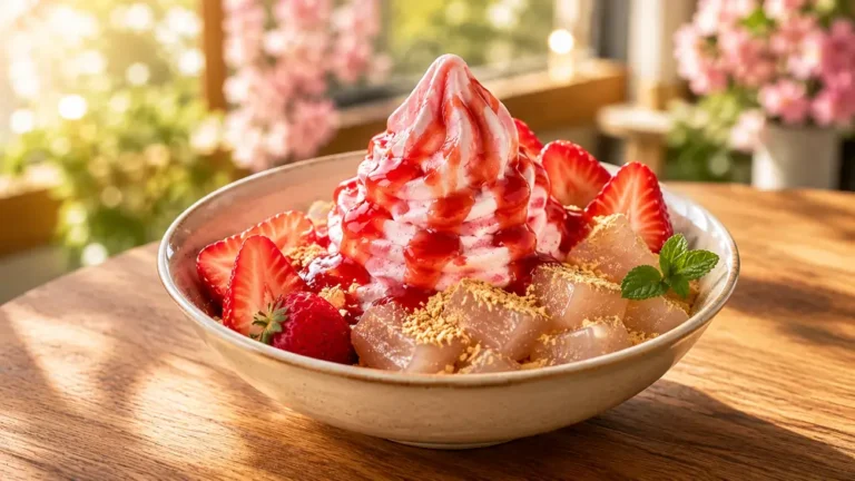 ice dolce strawberry cream ice cream warabi mochi with amaou strawberry sauce featured image